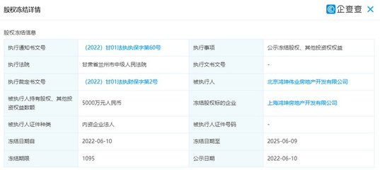 鴻坤偉業(yè)所持上海鴻坤房產(chǎn)開發(fā)5000萬元股權遭凍結
